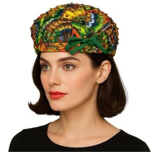 Vintage‎ Patrice Beaded Jeweled Pillbox Hat Peacock Print Union Made USA 60s